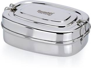 Sumeet Stainless Steel Rectangle Lunch Box with 2 Compartments & Locking Clip,650ML 1 Containers Lunch Box