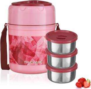 Trueware Ofce plus 3 Lunch Box 3 Stainless Steel Containers Tifn Insulated Lunch Box |300 ml x 3|-Pink 3 Containers Lunch Box