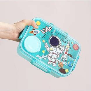 MINNIKOO Sky Blue Space Theme Plastic 900Ml+70Ml | Anti Spill | School Supply | LeakProof 3 Containers Lunch Box
