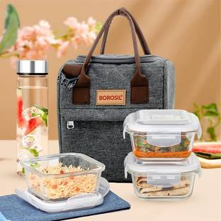 BOROSIL Gourmet Lunchbox, 3 pc Set (320ml Each) + 1 (550ml) Glass Bottle, Leakproof 3 Containers Lunch Box