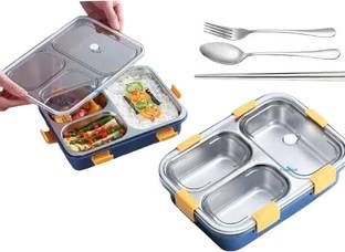 JIYA TRADERS 3 Compartment Stainless Steel Lunch Box(750 ml) (Pack of 2) 3 Containers Lunch Box