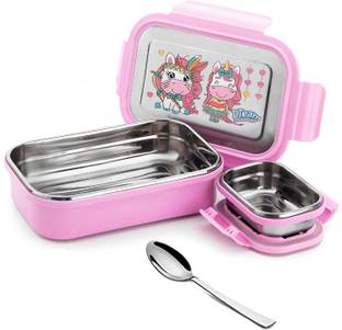 POGON Printed Stainless Steel Lunch Box with Spoon, Lunch Box for School Tiffin Box 2 Containers Stainless Steel, Plastic School Lunch Box