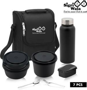 Sigri-wala Black Lunch Box Microwave Safe Set of 7 with Bottle|Bag & Cutlery 7 Containers Stainless Steel Office Lunch Box