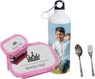 savri Kid Combo - Photo Printed Bottle, Spoon, Fork Included -Name Character Engraved 2 Containers Lunch Box