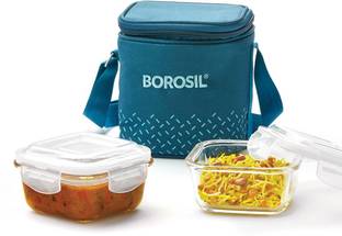 BOROSIL Teal Lunch Box with Bag, 2 Pc (320 ml x 2 Square), Vertical Tiifin 2 Containers Lunch Box