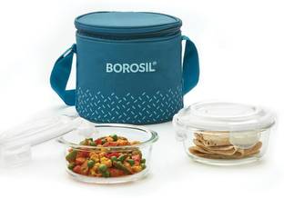 BOROSIL Teal Lunch Box with Bag, 2 Pc (400 ml x 2 Round),Vertical Office Tiifin 2 Containers Glass Office Lunch Box