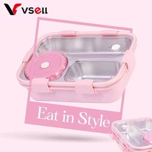 VSELL Lunch Box 3 Compartment Leakproof, Stainless Steel, With Spoon + FORK 3 Containers Lunch Box