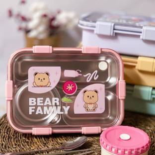 रब्गित Bear Family Steel Lunch Box | Leakproof, 3 Compartments, BPA-Free, 850ML B1 3 कंटेनर लंच बॉक्स