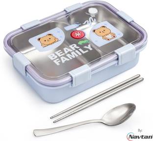 NAVTAN Bento Bear Family 2 Section Stainless Steel Lunch Box With Spoon & Chopsticks 2 Containers Lunch Box