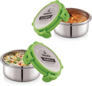 Dhara Stainless Steel FIT-N-FRESH Tiffin with 4 Side Lock Lid 2 Containers Lunch Box