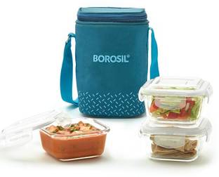 BOROSIL Teal Lunch Box with Bag, 3 Pc (320 ml x 3 Square), Glass Office Tiifin 3 Containers Lunch Box