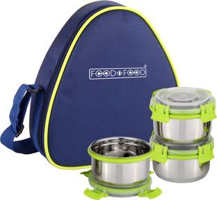 FOODNFOOD Stylock Neo 3 Stainless Steel 350 ml Each Containers Clip-Lock with Softline Bag 3 Containers Lunch Box
