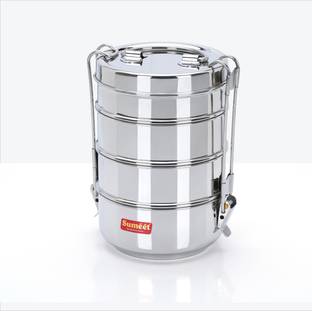 Sumeet Stainless Steel 4 Compartment Lunch Box / Tiffin with Lid and Handle, 13Cm Dia 4 Containers Lunch Box