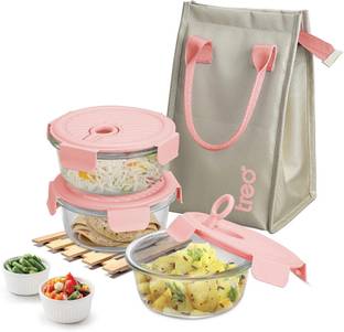 TREO Lumino Fresh Round Borosilicate Glass Lunch Box Set of 3 Peach 400 ml Each & Bag 3 Containers Glass Office Lunch Box
