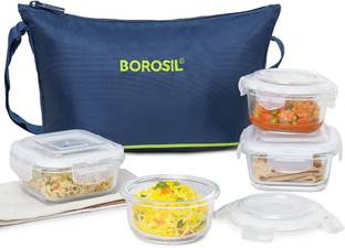 BOROSIL klip N store glass daisy tiffin set of 4(2pc 320ml square, 2pc 240ml round container) 4 Containers Lunch Box