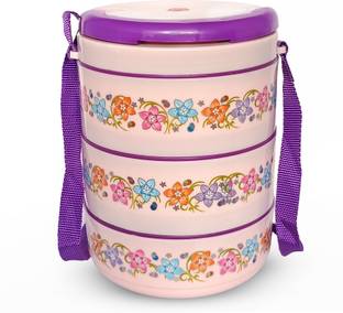 Otto Insulated Double Wall 3 Container Inner Stainless Steel Tiffin with Strap 3 Containers Lunch Box