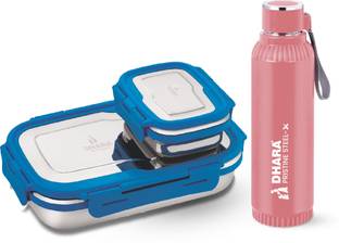 Dhara Stainless Steel Quench Bottle 700ml Dark Peach & Blaze Lunch Box Container 900ml + 200ml Blue 2 Containers Lunch Box