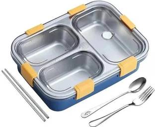 KitchenQ Leakage Proof Stainless Steel Lunch Box with Fork,Chopstick & Spoon 3 Containers Lunch Box