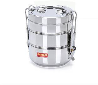 Sumeet Stainless Steel Small Size 3 Compartment Lunch Box/Tiffin with Lid & Handle,10Cm 3 Containers Lunch Box