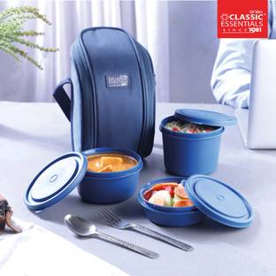 Classic Essentials Lunch Box Set with Cutlery & Bag | Microwave Safe 3 Containers Lunch Box