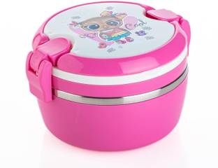 AK10ZONE Stainless Steel Printed Round Shape Lunch Box For Kids 2 Containers Lunch Box