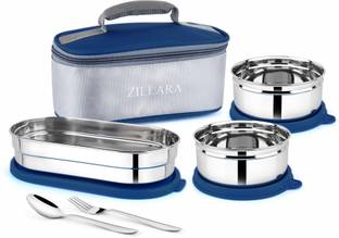 Zillara Sigma Pro Navy Blue Lunch Box for Men & Women – Office, School, College 3 Containers Stainless Steel Office Lunch Box