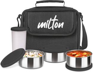 MILTON New Steel Combi & 1 Tumbler with Jacket, Set of 4, Black 4 Containers Lunch Box