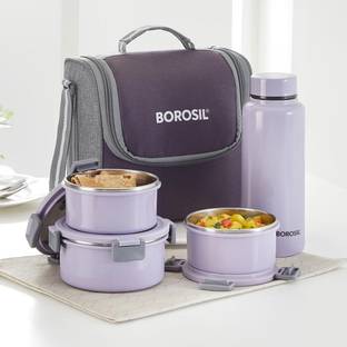 BOROSIL Glory Lavender Steel Lunchbox, 3pc (280ml x 2 + 460ml x 1) + 1 (600ml) Bottle 3 Containers Lunch Box