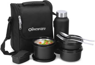 Oliveware Teso Pro Lunch Box | 3 Stainless Steel Containers | Plastic Pickle Box | Steel Spoon & Fork | Insulated Fabric Bag | Leak Proof | Microwave Safe | Full Meal | Easy to Carry | Black 4 Containers Stainless Steel Office Lunch Box