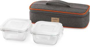 cello Royale Square Borosilicate Horizontal Glass Lunch Box with Jacket, 320ml 2 Containers Lunch Box