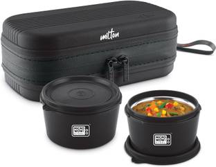 MILTON Urban Case Microwavable Lunch Box | Inner Steel, Double Wall, 320ml each, Black 2 Containers Plastic Office Lunch Box