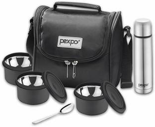 pexpo Steel Meal Box Royal with Vacuum Insulated Flask and 1 Spoon 3 Containers 3 Containers Stainless Steel Office Lunch Box