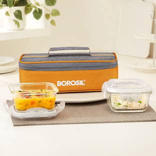 BOROSIL Zest Glass Lunchbox, 2pc Square Set (320ml Each), Horizontal Tiffin 2 Containers Glass Office Lunch Box