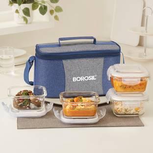 BOROSIL Glass Lunchbox, 4 pc Square Set (320 ml Each), Office Tiffin 4 Containers Lunch Box
