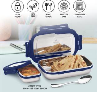 Dhara Stainless Steel Food Grade Rust Proof Blaze Tiffin Box 900ml + Inner Container 200ml Navy Blue 2 Containers Lunch Box