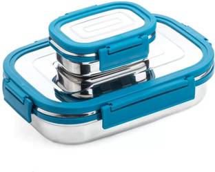 BLLUEX Craze Stainless Steel Tiffin Lunch Box Container/Dabba with 4 Side Clip Lock Lid 2 Containers Stainless Steel School Lunch Box