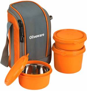 Oliveware Boss Lunch Box - Orange | Steel Range | Microwave Safe & Leak Proof | 3 Air-Tight Containers with Bag | Keep Food Hot | School, College & Office Use 3 Containers Lunch Box