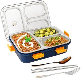 FUNVERSE Stainless Steel Lunch Box with 3 Compartment with Spoon for Kids & Adults 3 Containers Lunch Box