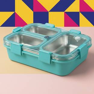 Kello Stainless Steel Bento Lunch Box 3 Compartment with Spoon for Kids & Adults A11 3 Containers Stainless Steel, Plastic School Lunch Box