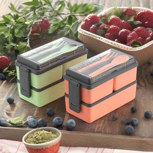 Porslin Combo of 2 Pista and Orange with Spoon and Fork Office School Collage 6 Containers Lunch Box