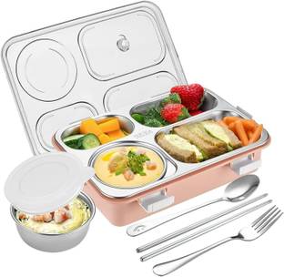 FUNVERSE Stainless Steel Lunch Box with 4 Compartment with Spoon for Kids & Adults 4 Containers Lunch Box