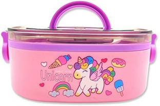AKANAR Unicorn Stainless Steel Leak Proof Lunch Box For Kids Girls(Pack Of 1 : Pink) 2 Containers Lunch Box
