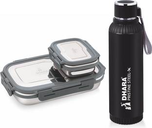 Dhara Stainless Steel Quench 700 ml Water Bottle + Blaze Tiffin Box 900ml and 200ml,(Black) 2 Containers Lunch Box