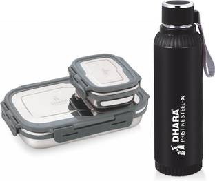 Dhara Stainless Steel Quench 700 ml Water Bottle + Blaze Tiffin Box 900ml and 200ml,(Black) 2 Containers Lunch Box