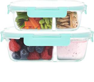 Cutting EDGE Smart Lock Borosilicate Rectangular Glass Lunch Box Food Container 640 & 1040 ML 2 Containers Lunch Box