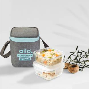 Allo FoodSafe Glass Lunch Box,Microwave Safe Tiffin with Chevron Mint Lunch Bag, 2 Containers Lunch Box