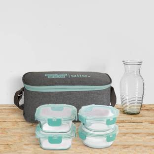 Allo FoodSafe Glass Lunch Box,Microwave Safe Tiffin with Canvas Grey Lunch Bag, 4 Containers Lunch Box