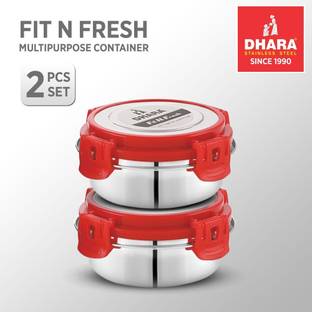 Dhara Stainless Steel Fit N Fresh Tiffin Box Containers With Four Side Clips Lock Airtight Lid Red 2 Containers Stainless Steel Office Lunch Box