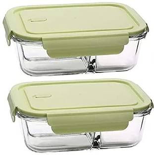 JIGSHTIAL Glass Lunch Box Microwave Oven Safe 3-Compartment Glass Storage Box 2 Containers Lunch Box