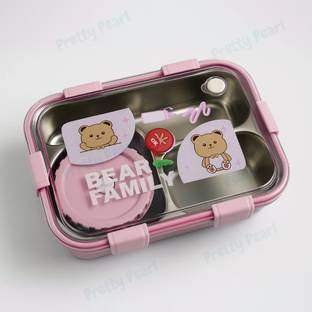 Pretty Pearl Bear Family with Spoon and Chopsticks for Kids and Adults 304 Stainless Steel 3 Containers Lunch Box